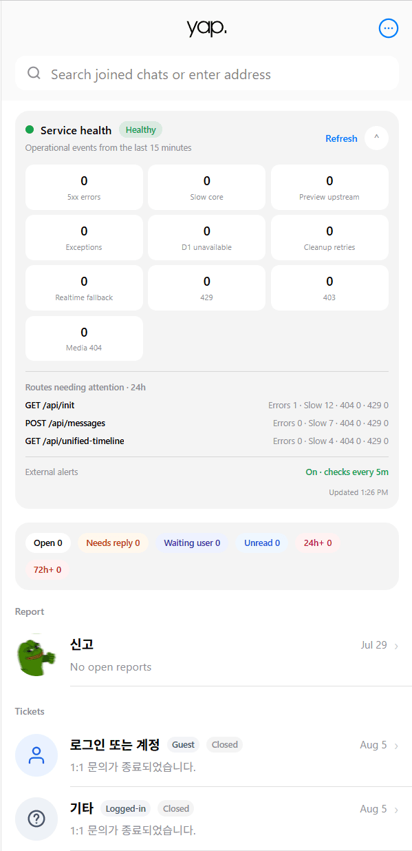 yap. production operations dashboard showing service health, routes needing attention, queue status, reports, and support tickets.